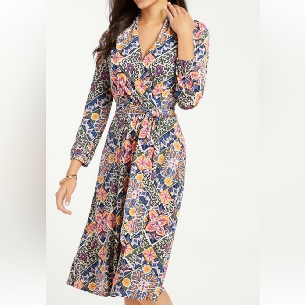 Tommy Bahama Mosaic Relief Tambour 3/4-Sleeve Faux-Wrap Dress Cotton  Size Small
